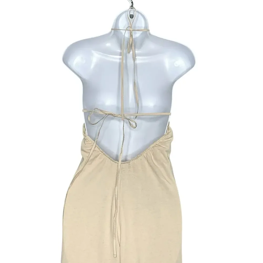 Zara M NEW Halter Top Open Back Ruffle Trim Jumpsuit Beige Travel Summer